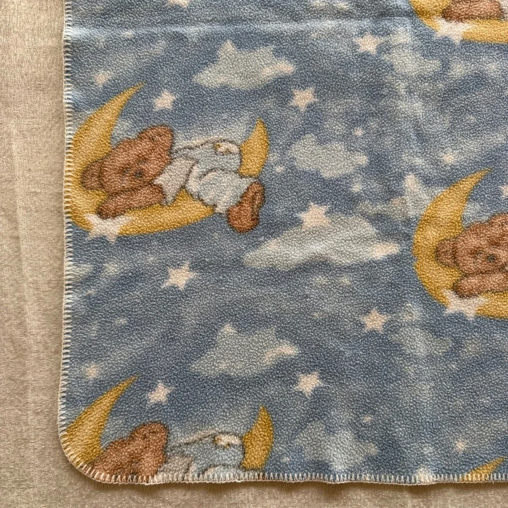 Vintage Dolly Boyd's Collection Teddy Bear Baby Blanket Moon Stars Blue 28x36